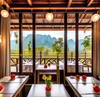a restaurant with tables and chairs and a view of mountains