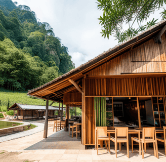 a wooden table and chairs in a small outdoor area