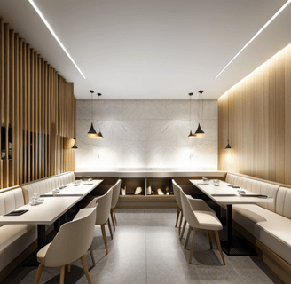 a restaurant with a long table and chairs