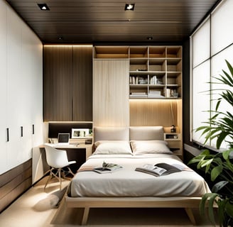a bed with a bed in a small room