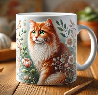 AI-generated coffee mug with an orange cat drawn