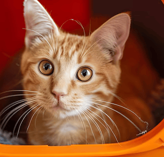 Orange cat inside a cat carrier
