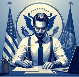 tradutor-juramentado-assinando-documento-em-escritorio-com-bandeiras-e-selo-atras