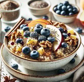 Quinoa breakfast bowl with blueberries, nuts, and chia seeds, served in a ceramic bowl.