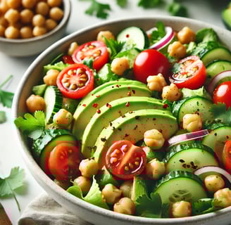 Fresh avocado chickpea salad with tomatoes, cucumbers, and cilantro in a white bowl.