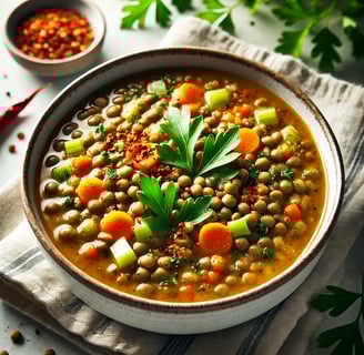 Warm bowl of vegan lentil soup with carrots, celery, and a sprinkle of paprika on top.