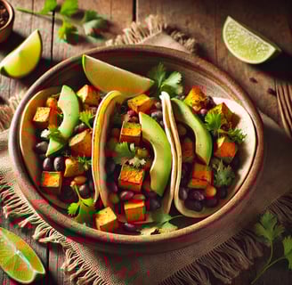 Sweet potato and black bean tacos garnished with avocado and cilantro, served with lime wedges.
