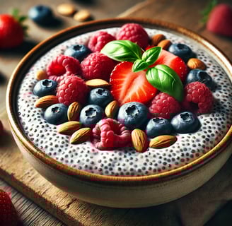 Chia seed pudding with blueberries, strawberries, raspberries, and almonds in a rustic bowl.