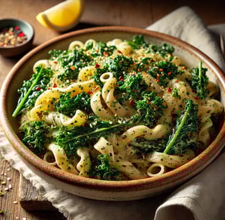 Delicious kale and tahini pasta in a bowl, garnished with red pepper flakes and lemon zest.