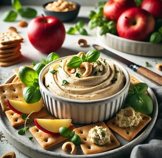 Vegan cashew cheese spread garnished with basil and cashews, served with crackers and apple slices.