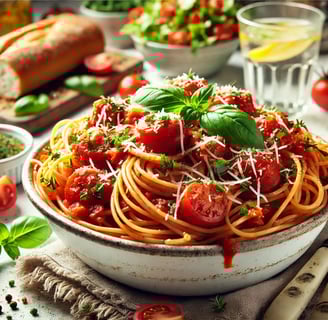 Vegan pasta in tomato sauce garnished with basil and dairy-free cheese and fresh ingredients.
