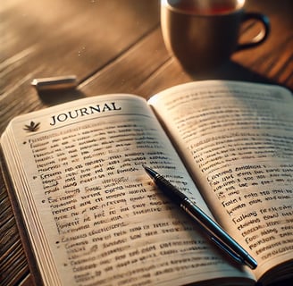 Sunlit notebook with detailed entries and a fountain pen, used for mental health journaling.