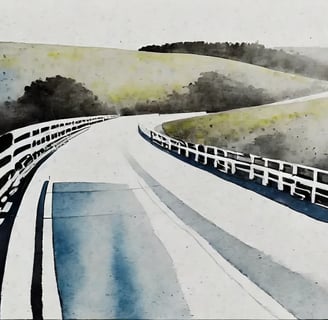 A painting of a bridge with gaurdrails.