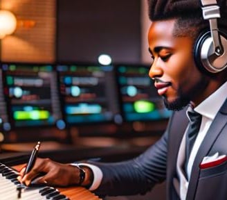 a man in a suit and headphones is playing music on a keyboard