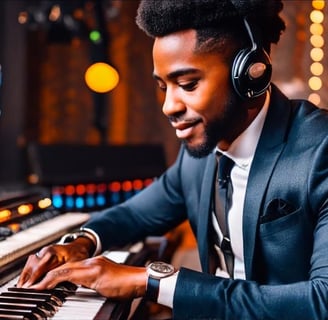 a man in a suit and headphones playing music on a keyboard