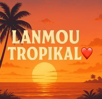 image d'une plage couché de soleil orangé ou il est écris Lanmou Tropikal