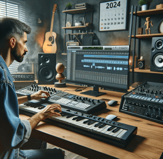 a man working music with a keyboard on the pc