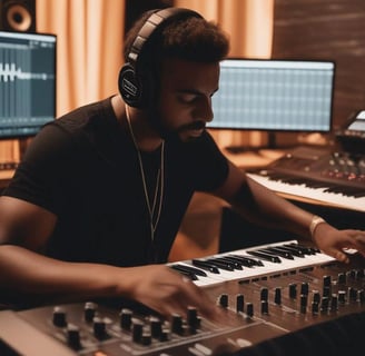 a man in headphones and headphones is playing music in a recording studio