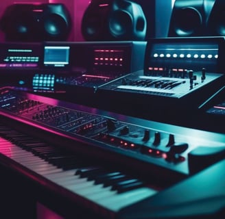 a keyboard and a keyboard in a recording studio