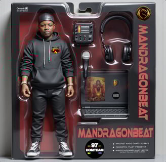 boîte d'une figurine de mandragonbeat avec ses accessoire, micro, casque, ordinateur et carte son.
