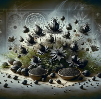 Lejra a bunch of flowers and seeds on a table nigella sativa