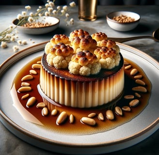 lejra dessert with cauliflower cake and pine nuts on a plate
