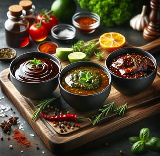 lejra variety of marinades condiments on a cutting board