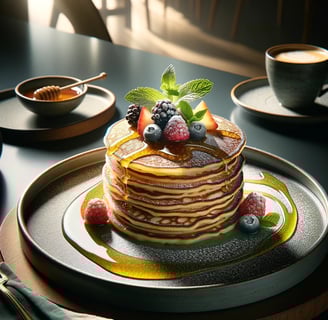 lejra a stack of pancakes with berries on a plate