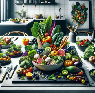lejra healthy eating table with a bowl of fruit and vegetables