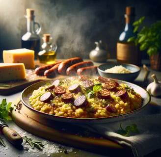 lejra plate of food with sausages and cheese risotto