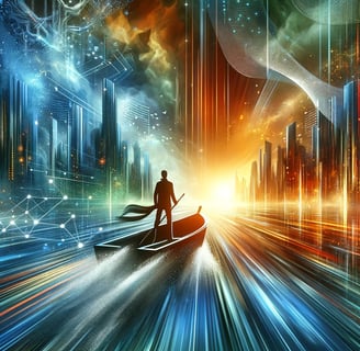 lejra a man in a boat on a city street cyber era