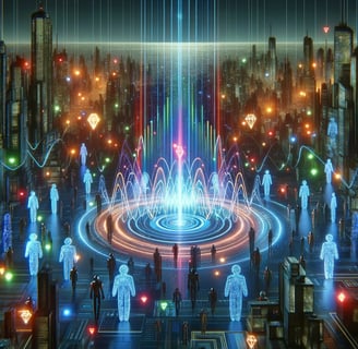 a cityscape of people standing around a fountain