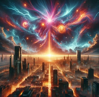 a city skyline with a giant explosion of light and a giant explosion of light