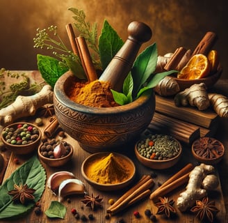 Lejra a mortar and spices on a wooden table