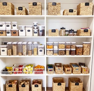 an organized pantry with a variety of bins and containers so everything is sorted