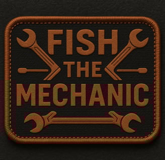a brown leather patchwork logo on a black background
