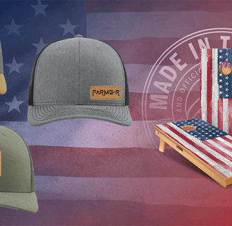 a variety of hats and caps on a flag - colored background