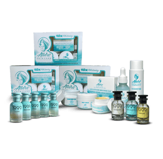 Collection of Allors Skin Care products and Eau de Parfum bottles with brightening soaps, creams, and serums
