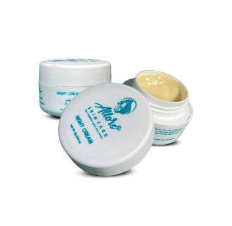 Three Allors Skincare Night Cream containers, one lid off revealing creamy texture, with vibrant blue labels on white pots.