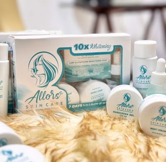Allors Skin Care products displayed, featuring a whitening set and various creams, emphasizing brightening and hydration 
