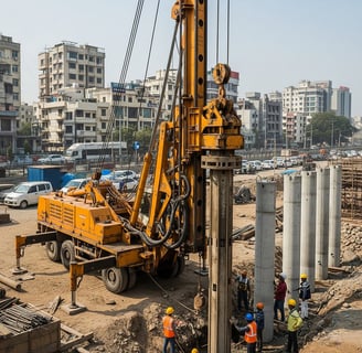 Micro piling rig drilling foundation supports at tight urban infrastructure site in navi mumbai