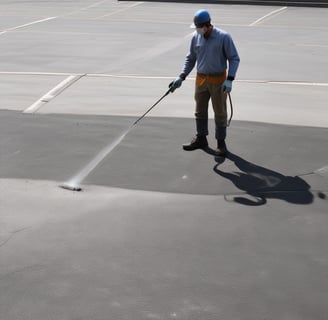 Road markings on asphalt include double yellow lines, indicating no parking restrictions, and several colored spray paint markings in red, white, cyan, and orange, possibly denoting utility lines or underground work.