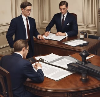 A picture of two men signing documents while a notary observes the signatures.