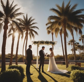 A picture of a man and a woman getting married outside with palm trees in the background.