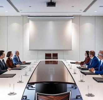 pessoas reunidas em ampla sala de diretoria com grande mesa ao centro tela eletrica e projetor