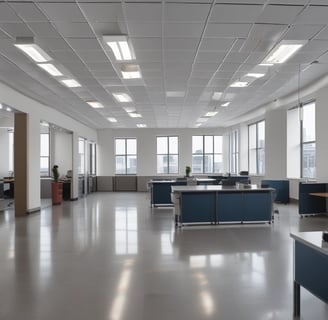 A person wearing a gray coat and blue gloves is cleaning a table in a room with a tiled floor and cream-colored walls. There are several posters on the wall and a light fixture above. To the left, there are stacked chairs and some tables.