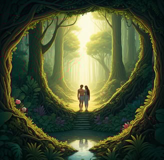 illustration of adam and eve standing in a forest with a waterfall