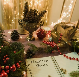 a notepad with a notepad and christmas decorations