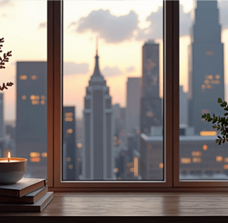 a candle lite up in the window of a city