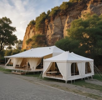 A large white tent is set up outdoors on a grassy area surrounded by trees and commercial buildings. Inside the tent, people are gathered for what looks like a social or community event. The foreground features a rock garden with greenery, and the sky is clear with scattered clouds.